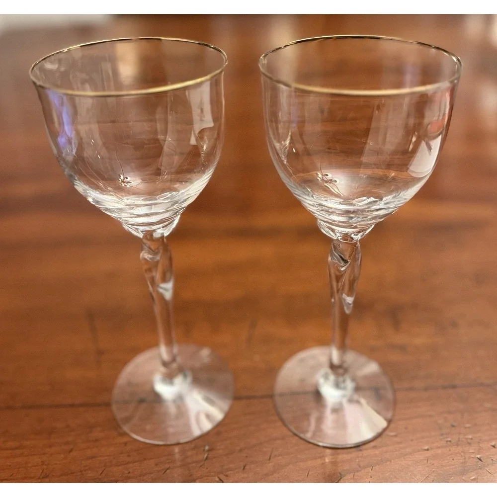 Vintage Lenox Unity Gold Crystal Wine Glasses - Pair of 2‎ Gold Rim Twisted Stem